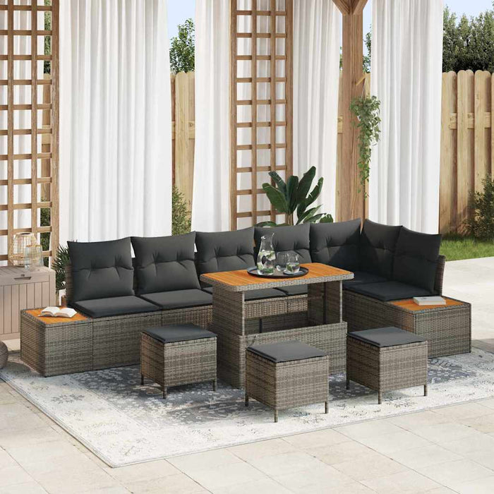 Set di Divani da Giardino 10 Pezzi con Cuscini Grigi in Rattan Sintetico e Acacia 3362943