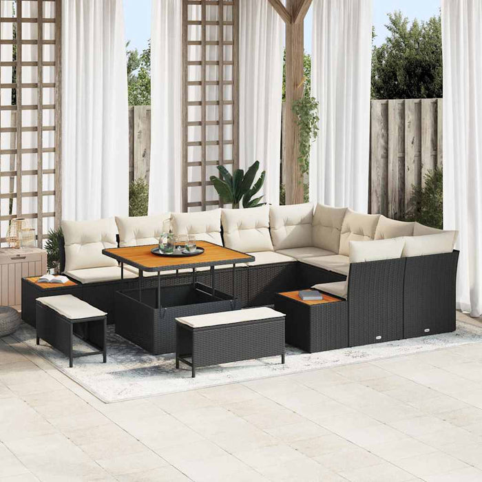 Set Divano Giardino 12 Pezzi con Cuscini Neri in Poly Rattan e Acacia. 3362945
