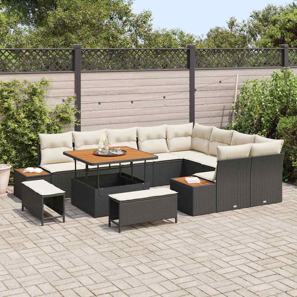 Set Divano Giardino 12 Pezzi con Cuscini Neri in Poly Rattan e Acacia. 3362945