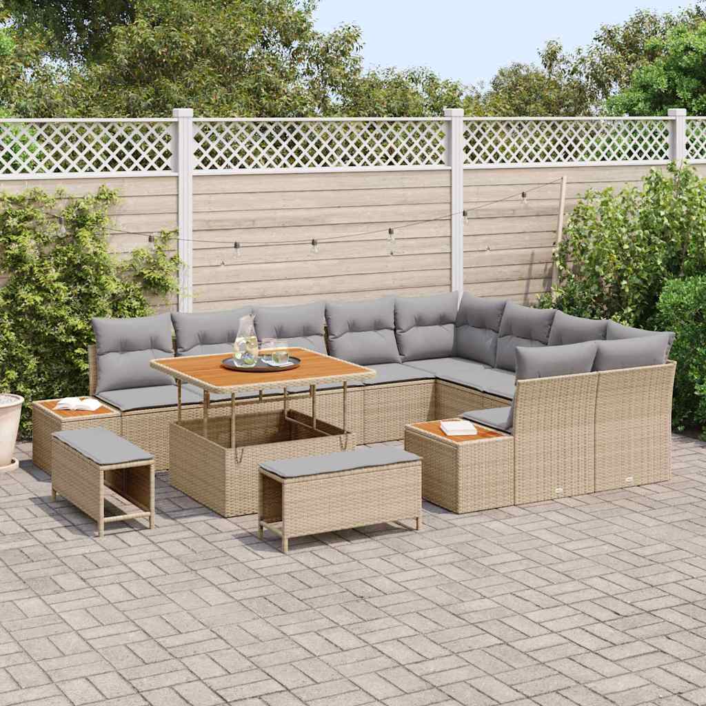 Set da Giardino 12 Pezzi con Cuscini Beige in Rattan Sintetico e Legno di Acacia 3362947