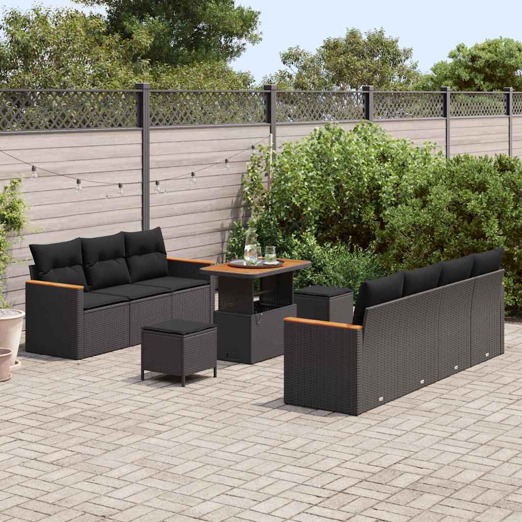 vidaXL Set Divano da Giardino con cuscino 10 pcs Nero Poly Rattan