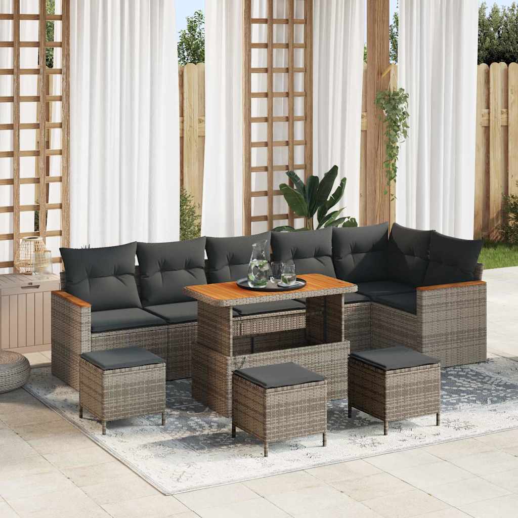 Set da Giardino  in 10 Pezzi con Cuscini Grigi in Rattan Sintetico ed Acacia 3363073
