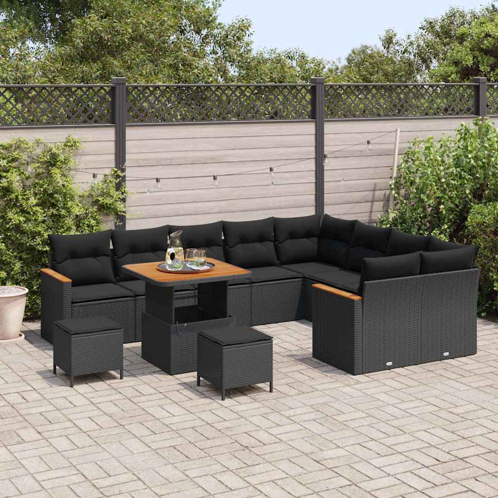 vidaXL Set Divano da Giardino con cuscino 12 pcs Nero Poly Rattan