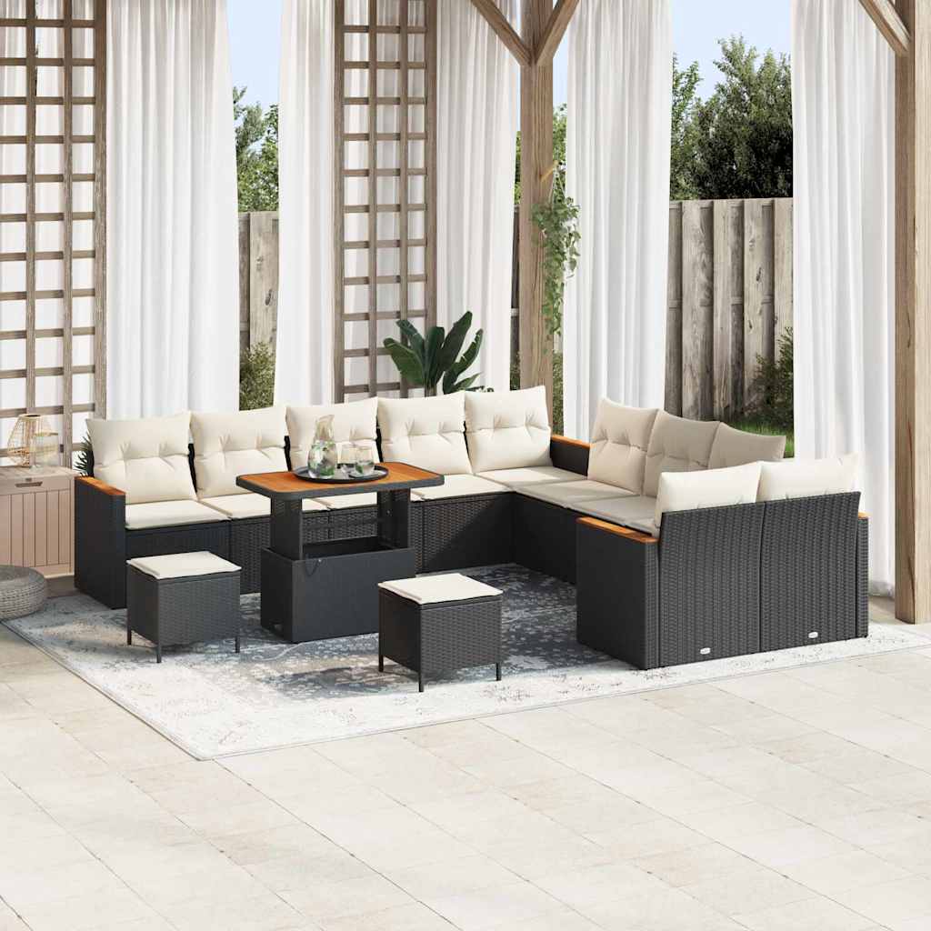 Set di divani da giardino 13 pezzi con cuscini in rattan sintetico nero e acacia. 3363105