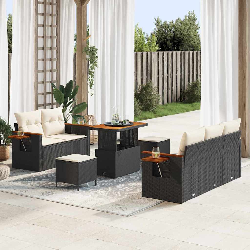 Set di Sofà da Giardino da 8 Pezzi con Cuscini Nero Polyrattan Acacia 3363120