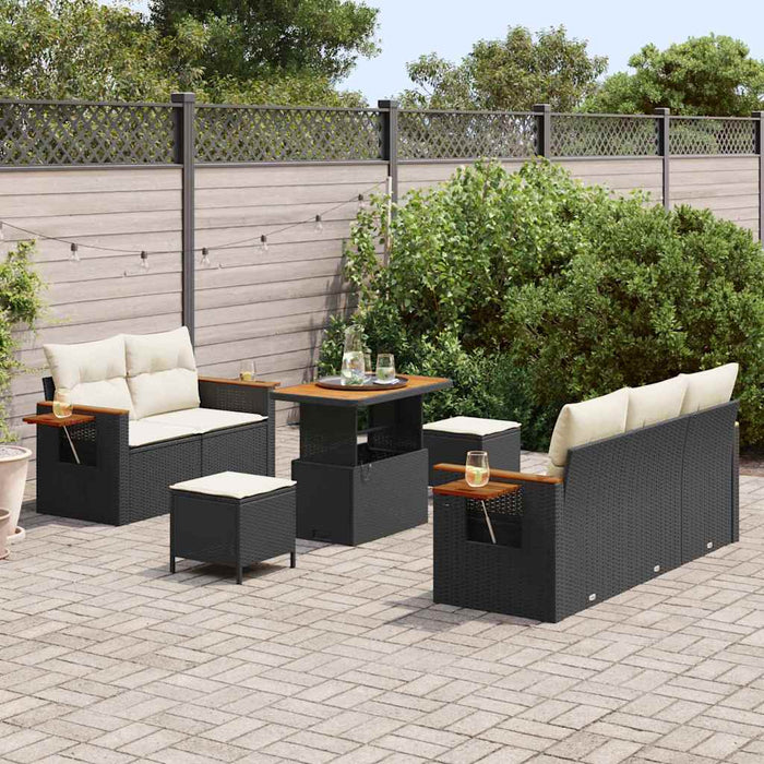 Set di Sofà da Giardino da 8 Pezzi con Cuscini Nero Polyrattan Acacia 3363120