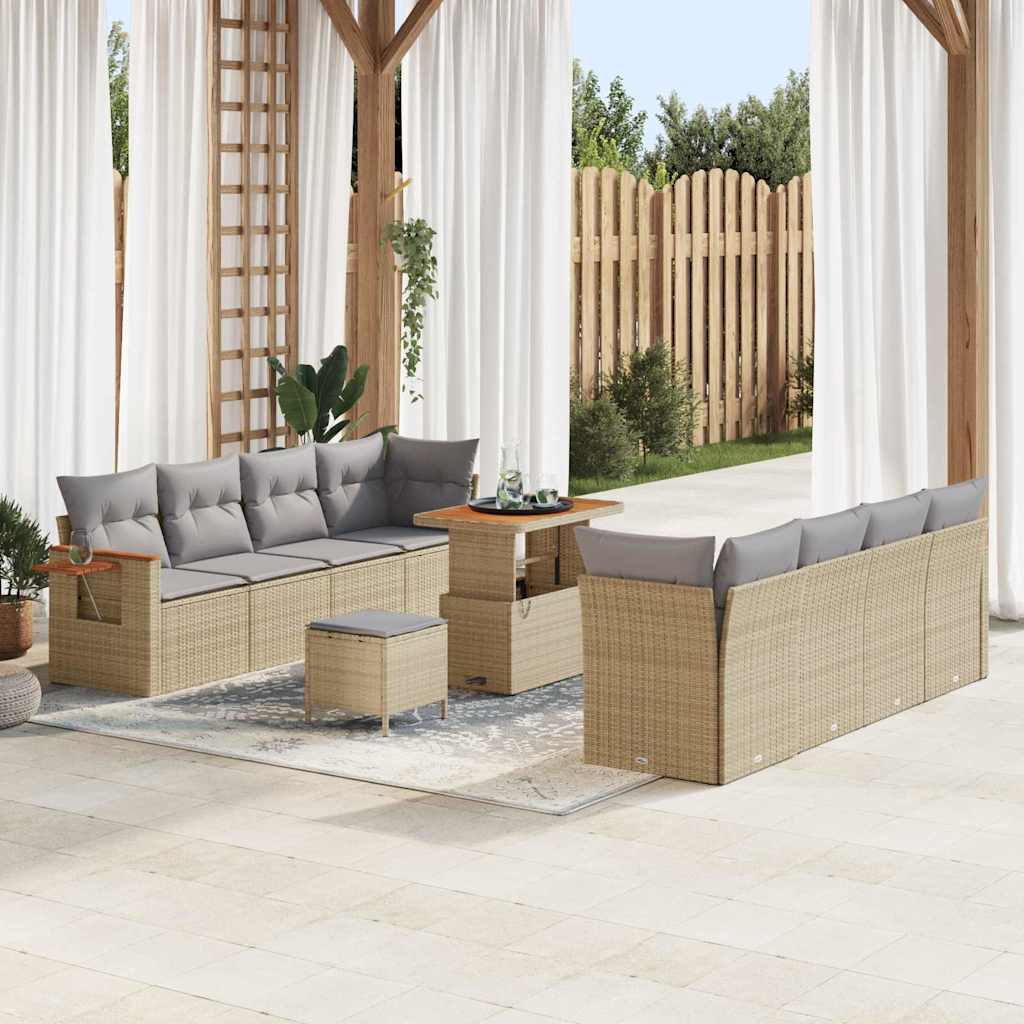 Set di Sofà da Giardino  da 11 Pezzi con Cuscini Polirattan Beige Acacia 3363152