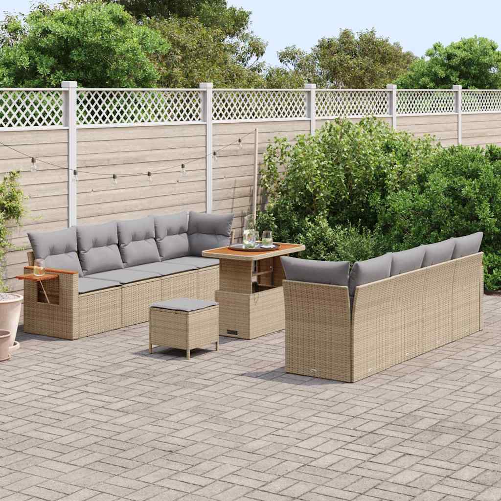 Set di Sofà da Giardino  da 11 Pezzi con Cuscini Polirattan Beige Acacia 3363152