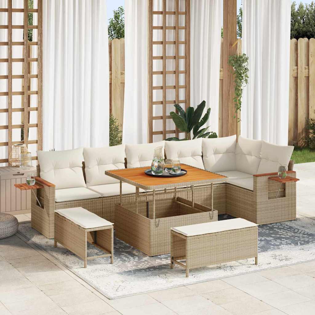 Set Divano da Giardino  di 9 Pezzi con Cuscini in Beige, Rattan Sintetico e Acacia 3363186