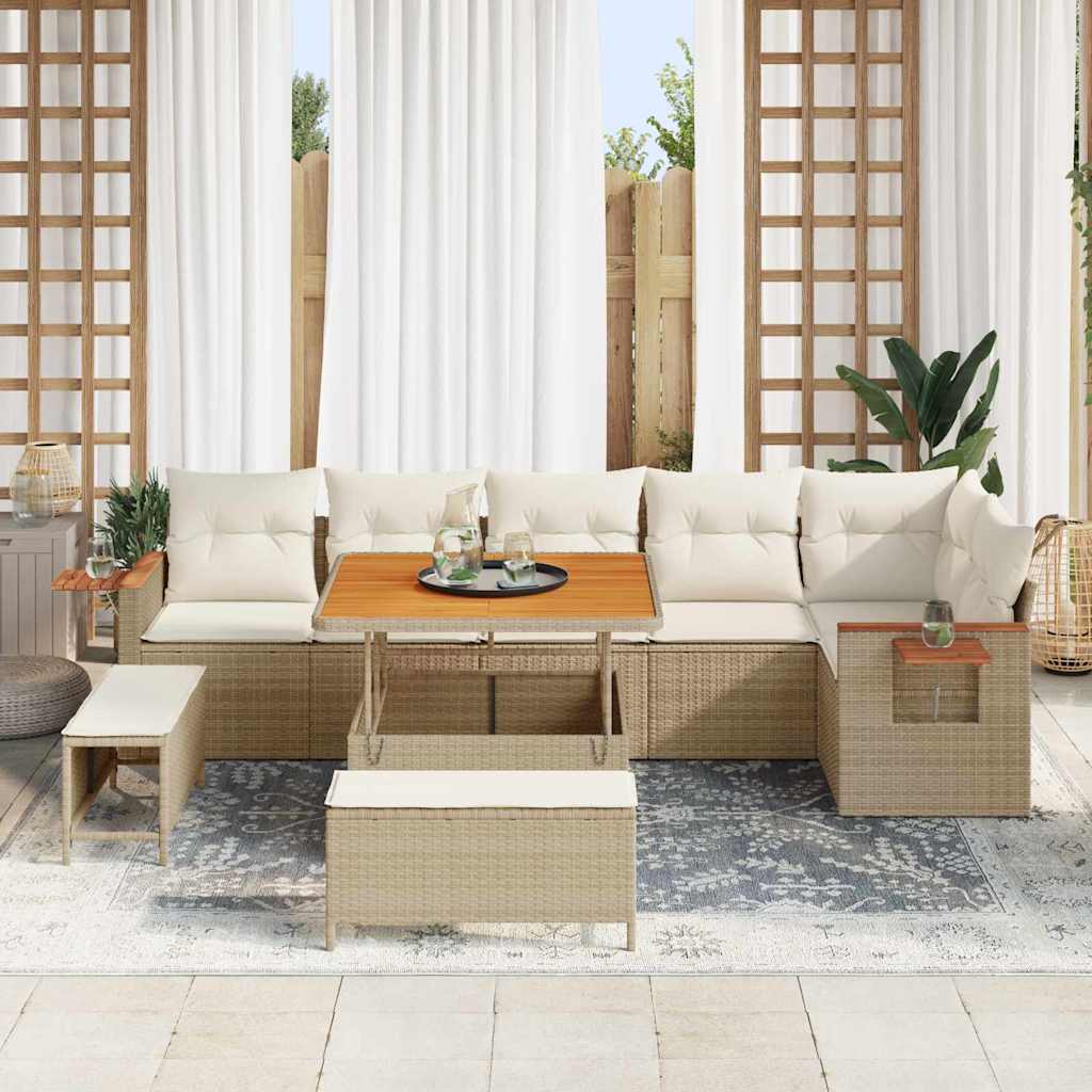 Set Divano da Giardino  di 9 Pezzi con Cuscini in Beige, Rattan Sintetico e Acacia 3363186