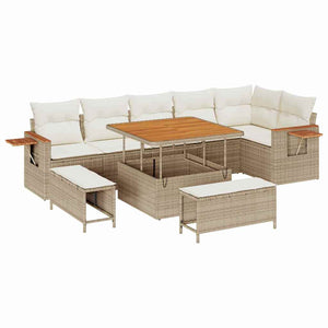 Set Divano da Giardino  di 9 Pezzi con Cuscini in Beige, Rattan Sintetico e Acacia 3363186