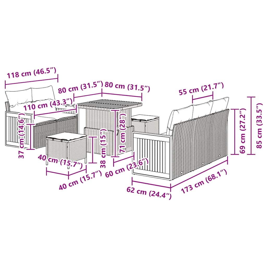 vidaXL Set Divano da Giardino con cuscino 8 pcs Grigio 80 x 80 x 71 cm
