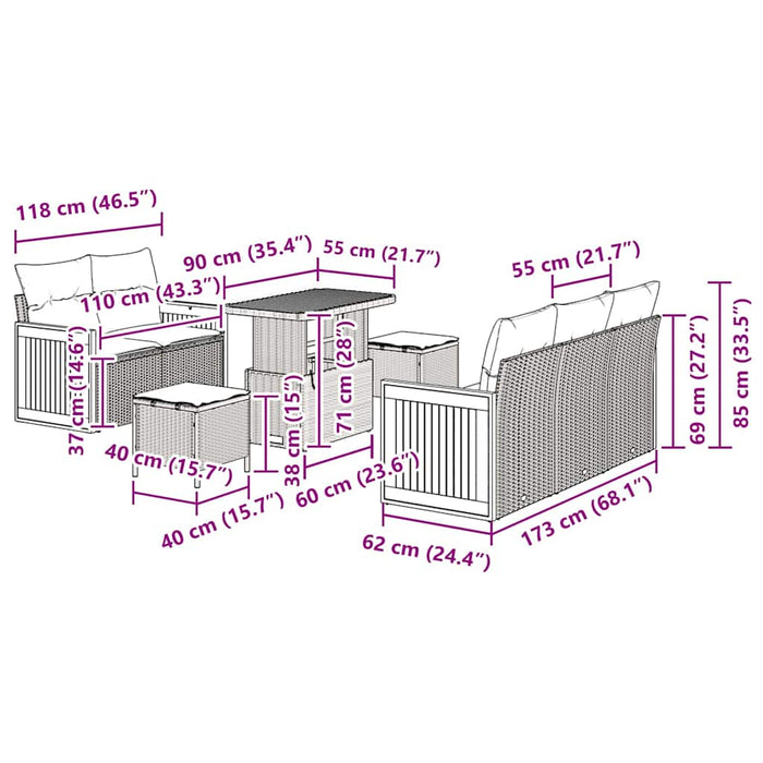 vidaXL Set Divano da Giardino 8 pcs Nero e crema 90 x 55 x 71 cm