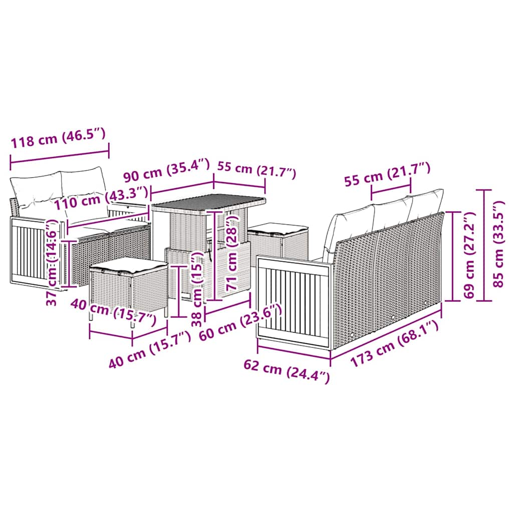 vidaXL Set Divano da Giardino 8 pcs beige e panna 90 x 55 x 71 cm