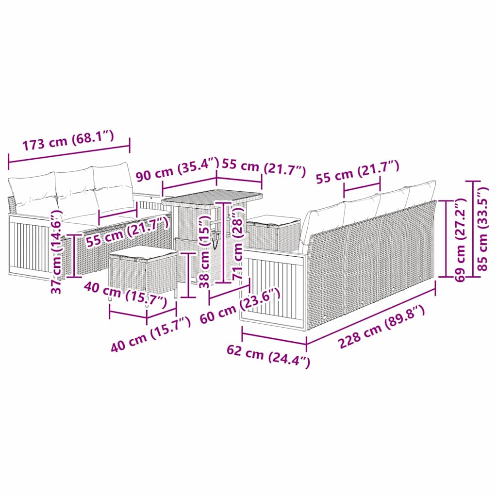 vidaXL Set Divano da Giardino 10 pcs beige e panna 90 x 55 x 71 cm