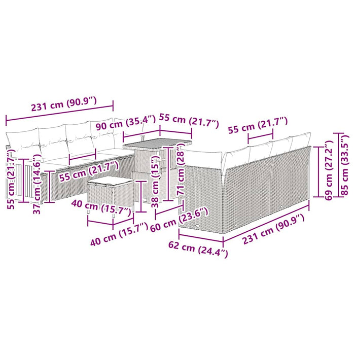 vidaXL Set Divano da Giardino 11 pcs beige e panna 90 x 55 x 71 cm