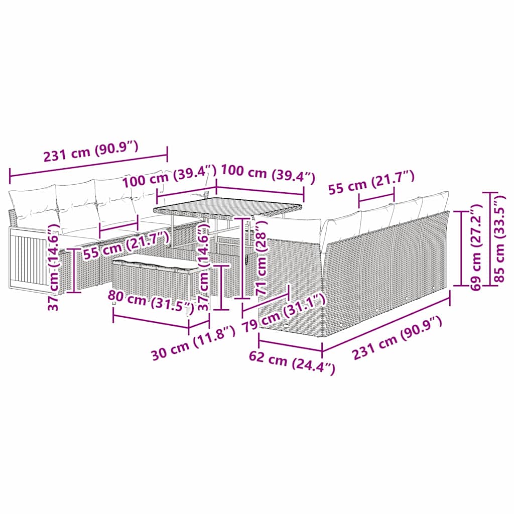 vidaXL Set Divano da Giardino 11 pcs beige e panna 100 x 100 x 71 cm