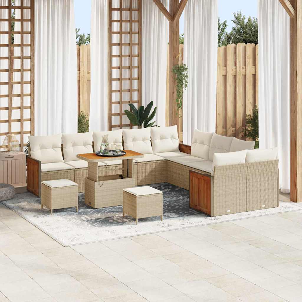 Set di Sofa da Giardino  13 Pezzi con Cuscini Beige Polyrattan Acacia 3363366