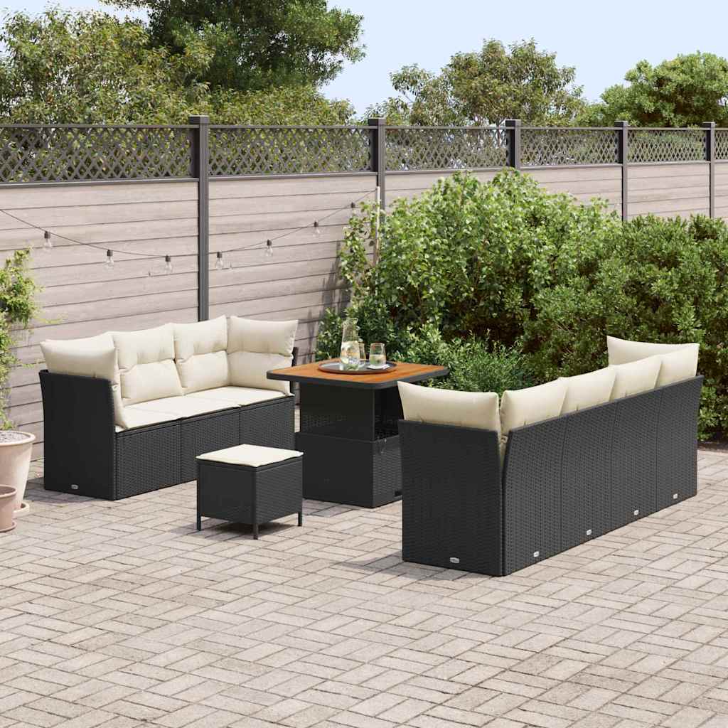 Set di sofà da giardino da 10 pezzi con cuscini in polyrattan nero e acacia 3363395