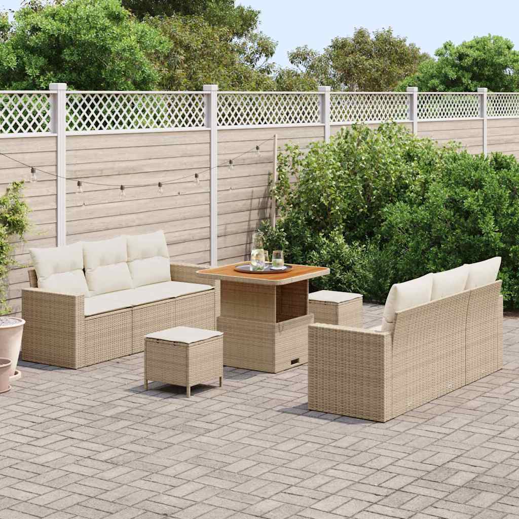 Set Divano da Giardino 9 Pezzi con Cuscini Beige Polyrattan Acacia 3363516