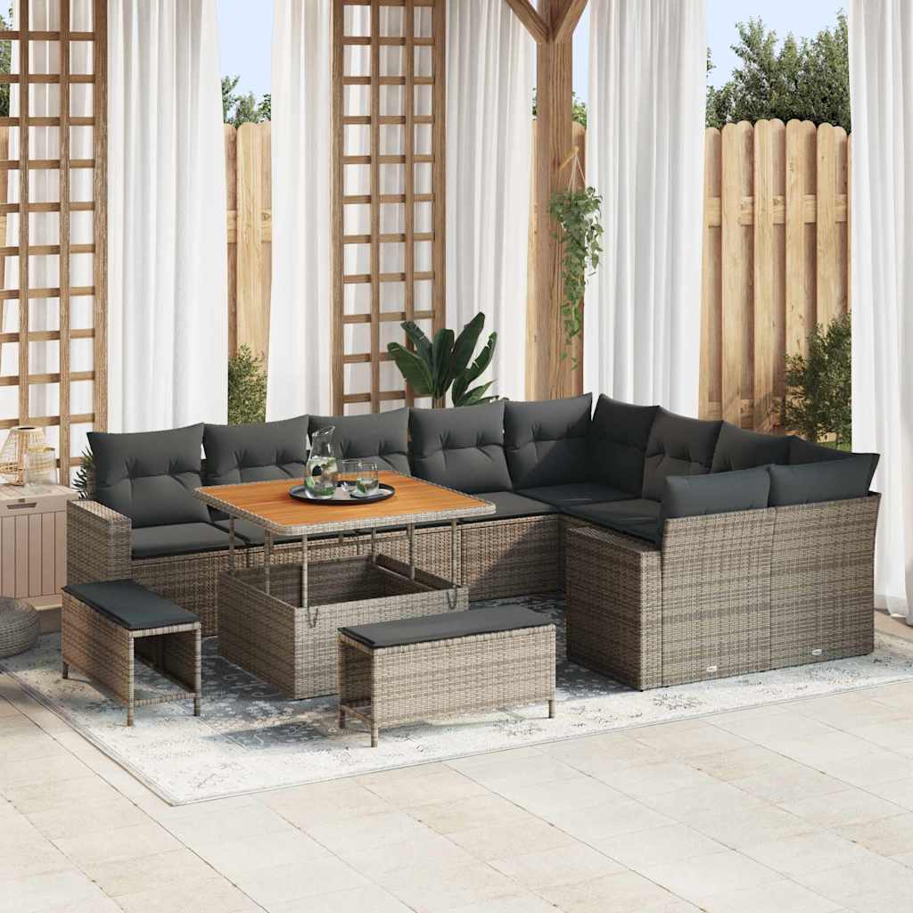 Set di Divani da Giardino da 12 Pezzi con Cuscini Grigi in Poly Rattan e Acacia 3363598