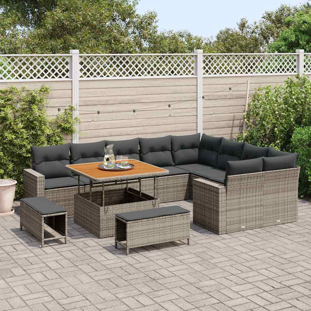Set di Divani da Giardino da 12 Pezzi con Cuscini Grigi in Poly Rattan e Acacia 3363598