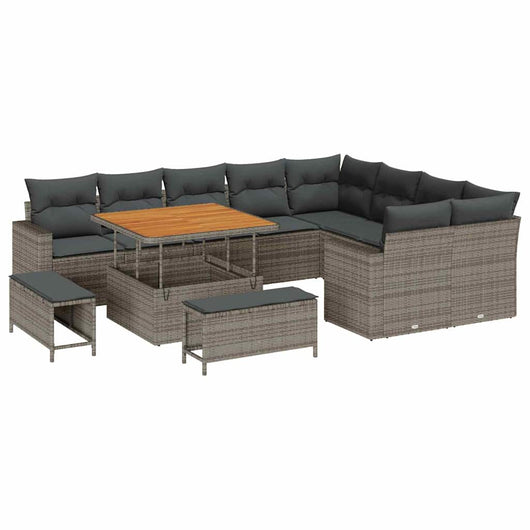 Set di Divani da Giardino da 12 Pezzi con Cuscini Grigi in Poly Rattan e Acacia 3363598