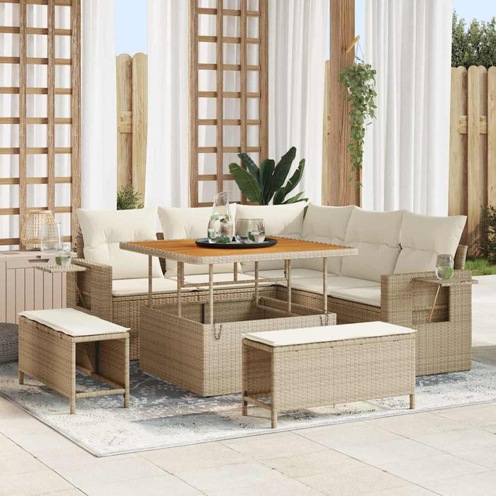 Set divani da giardino 8 pezzi con cuscini beige in rattan sintetico e acacia. 3363686