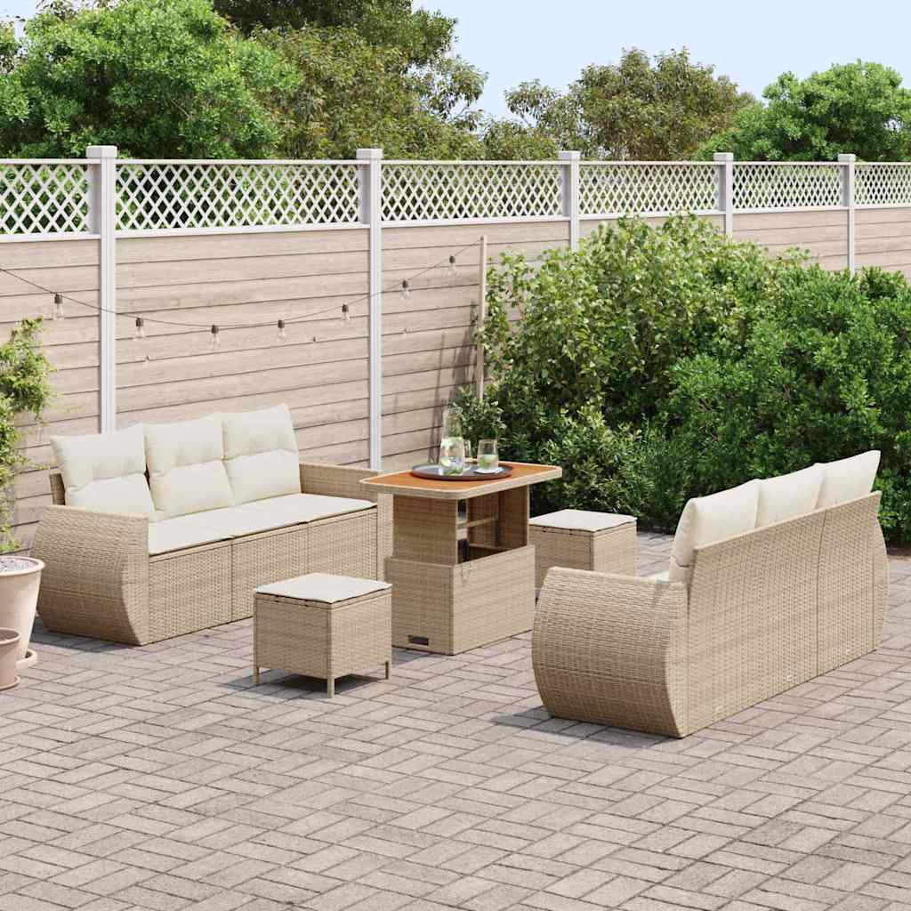 Set Divano Giardino  9 Pezzi con Cuscini Beige in Rattan Poli e Acacia 3363781