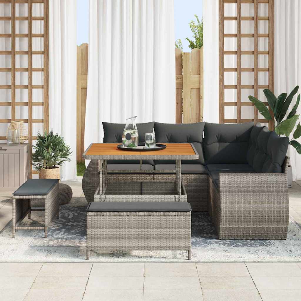 Set di divani da giardino 8 pezzi con cuscini Grigio Polyrattan Acacia 3363818