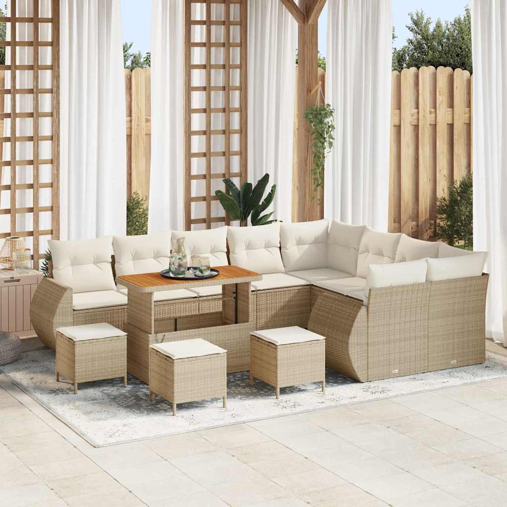 Set di Sofà da Giardino da 13 Pezzi con Cuscini Beige Polirattan Acacia 3363871