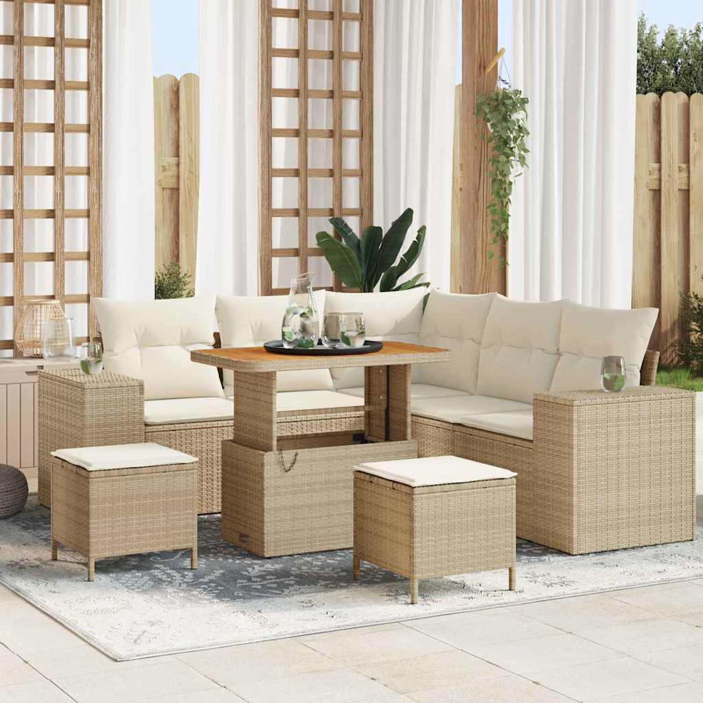 Set Divano da Giardino 8 Pezzi con Cuscini Beige Polirattan Acacia 3363956