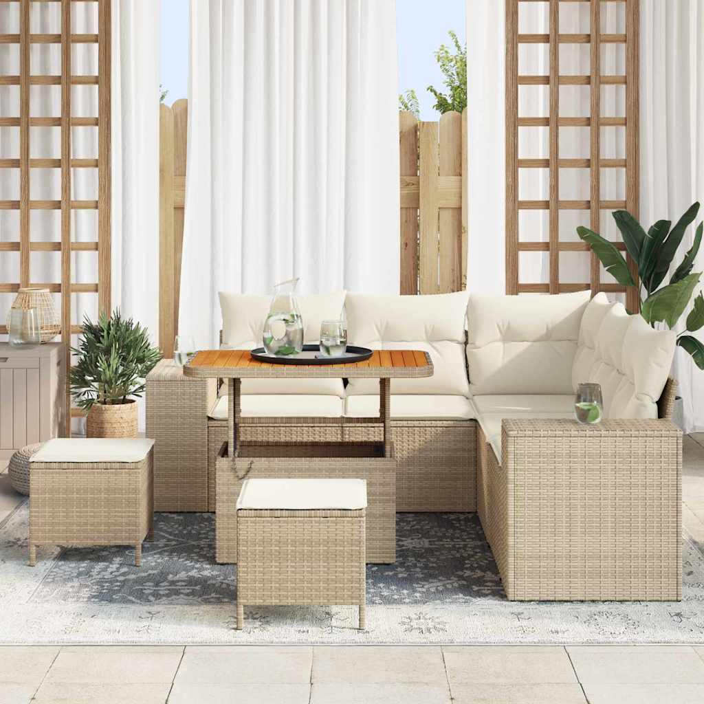 Set Divano da Giardino 8 Pezzi con Cuscini Beige Polirattan Acacia 3363956
