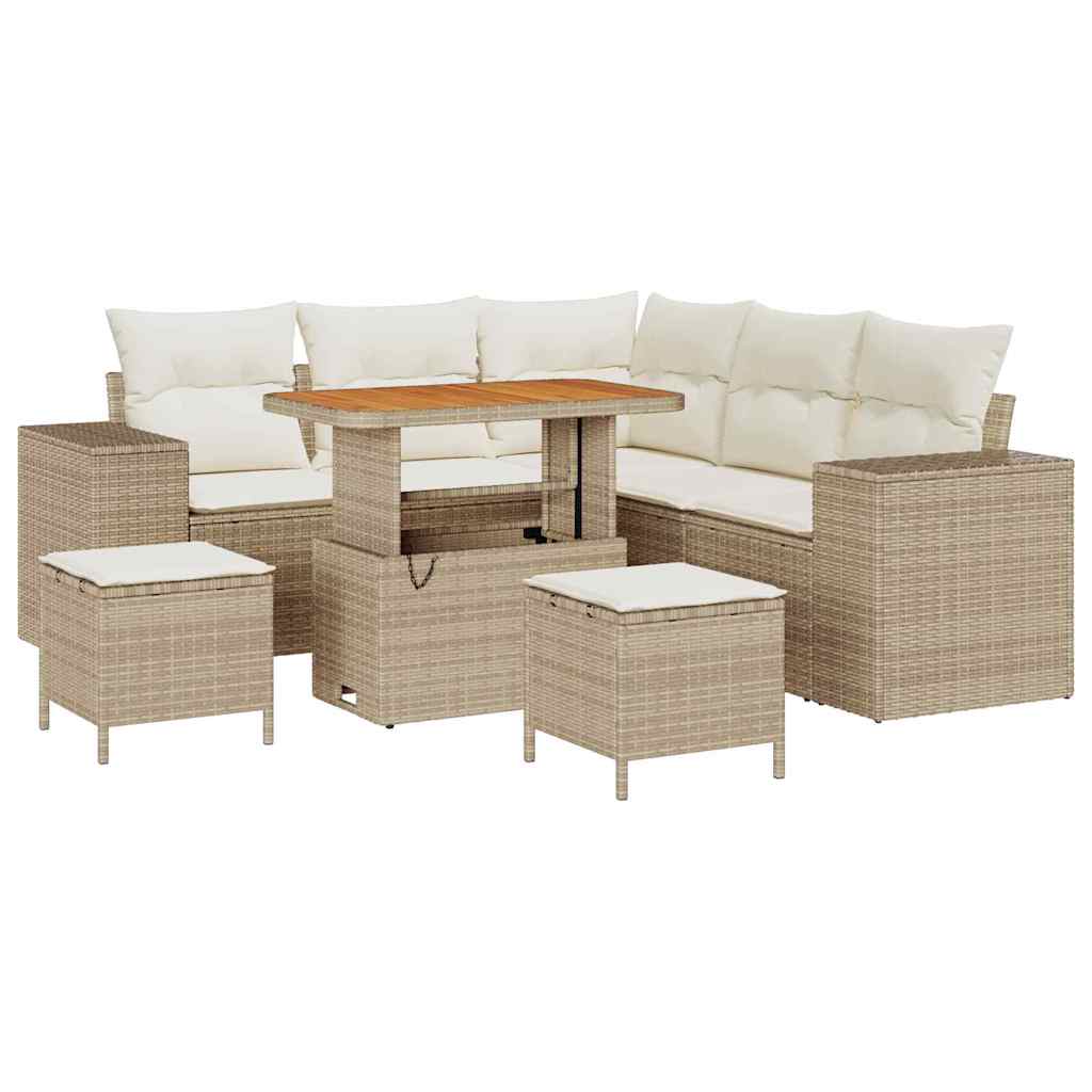 Set Divano da Giardino 8 Pezzi con Cuscini Beige Polirattan Acacia 3363956