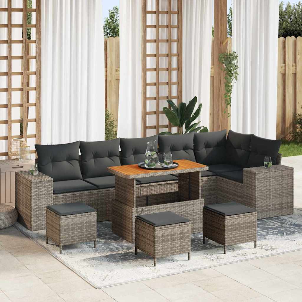 Set Divano da Giardino 10 Pezzi con Cuscini Grigio Polyrattan Acacia 3363983