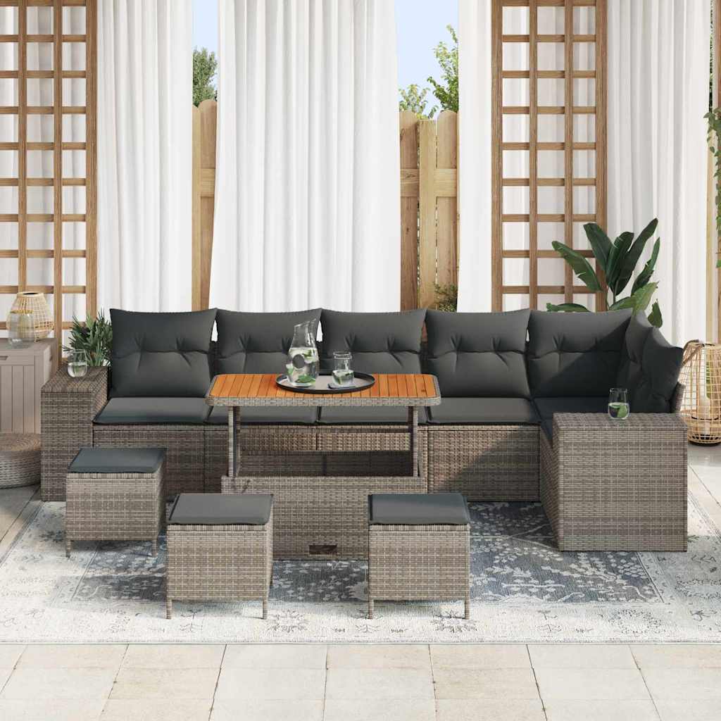 Set Divano da Giardino 10 Pezzi con Cuscini Grigio Polyrattan Acacia 3363983