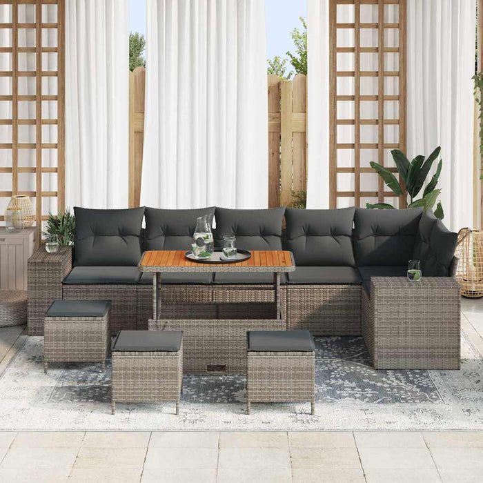 Set Divano da Giardino 10 Pezzi con Cuscini Grigio Polyrattan Acacia 3363983