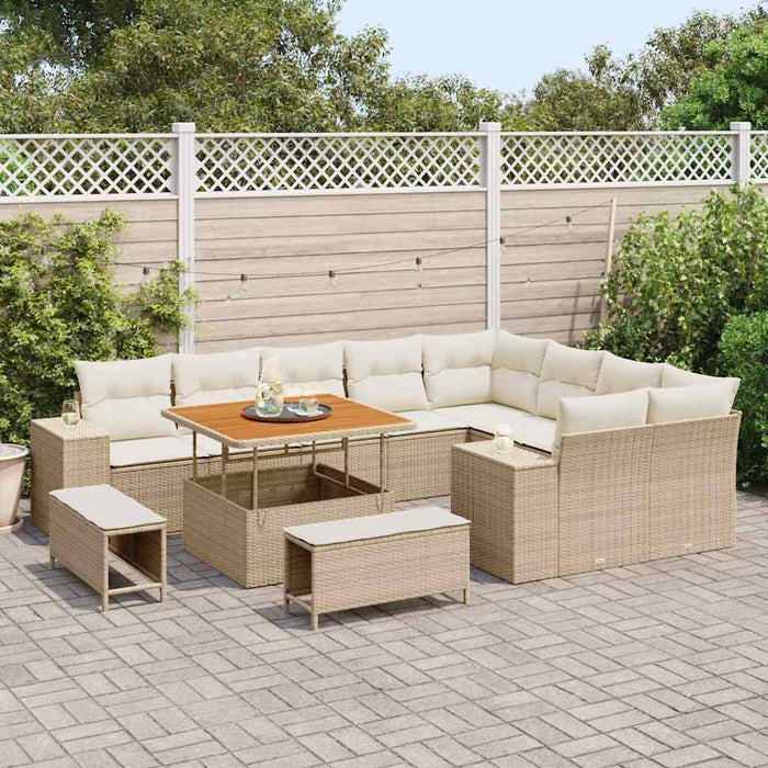 Set Divano da Giardino con Cuscini  da 12 Pezzi Beige Polirattan Acacia 3363986