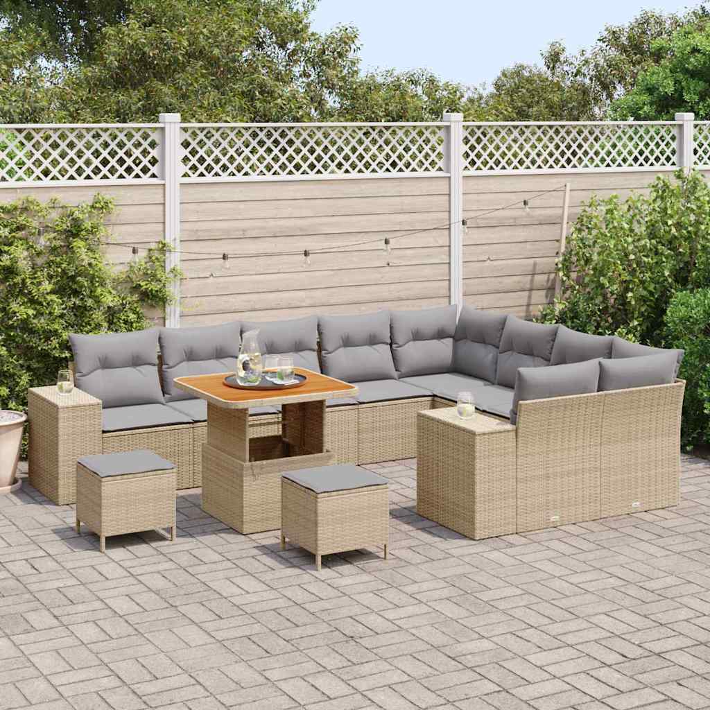 Set Divano da Giardino 12 Pezzi con Cuscini Beige Polyrattan Acacia 3363992