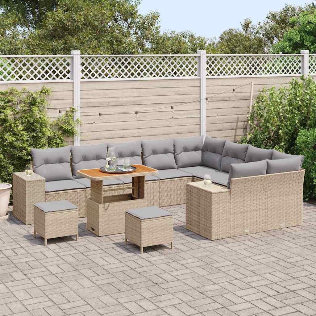 Set di Sofà da Giardino  12 Pezzi con Cuscini Rattan Beige Poli Rattan Acacia 3363997