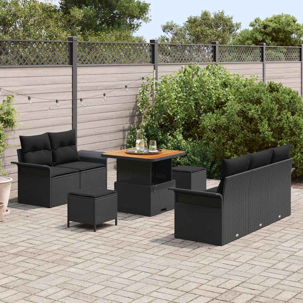Set Divano da Giardino  da 8 Pezzi con Cuscini Nero Polyrattan Acacia 3364024