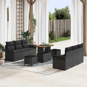 Set di Sofà da Giardino  9 Pezzi con Cuscini Polyrattan Nero Acacia 3364039