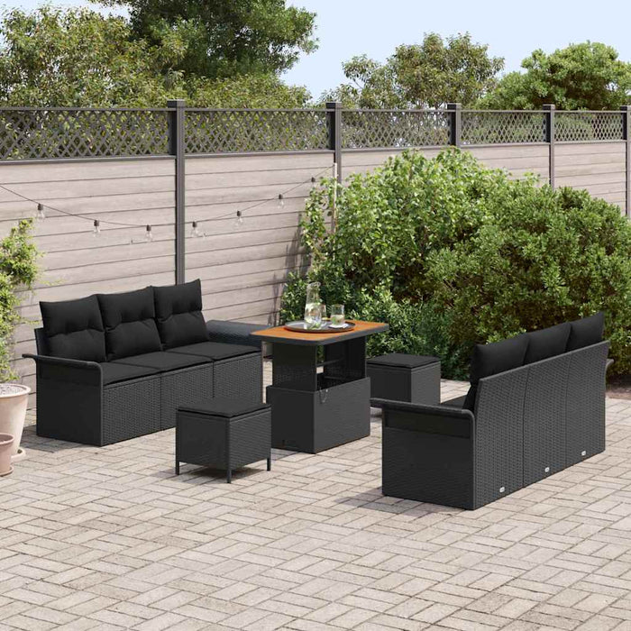 Set di Sofà da Giardino  9 Pezzi con Cuscini Polyrattan Nero Acacia 3364039