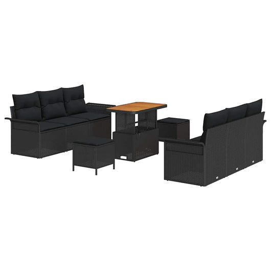 Set di Sofà da Giardino  9 Pezzi con Cuscini Polyrattan Nero Acacia 3364039