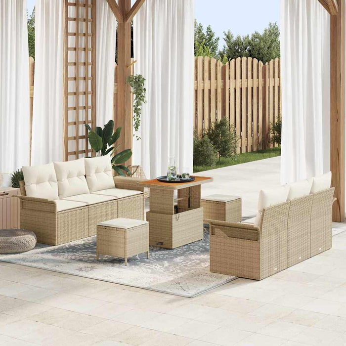 Set di Divano da Giardino 9 Pezzi con Cuscini Beige Polyrattan Acacia 3364041