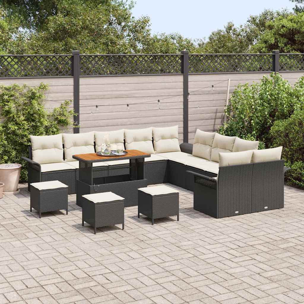 Set di Sofà da Giardino da 14 Pezzi con Cuscini Nero Polyrattan Acacia 3364150