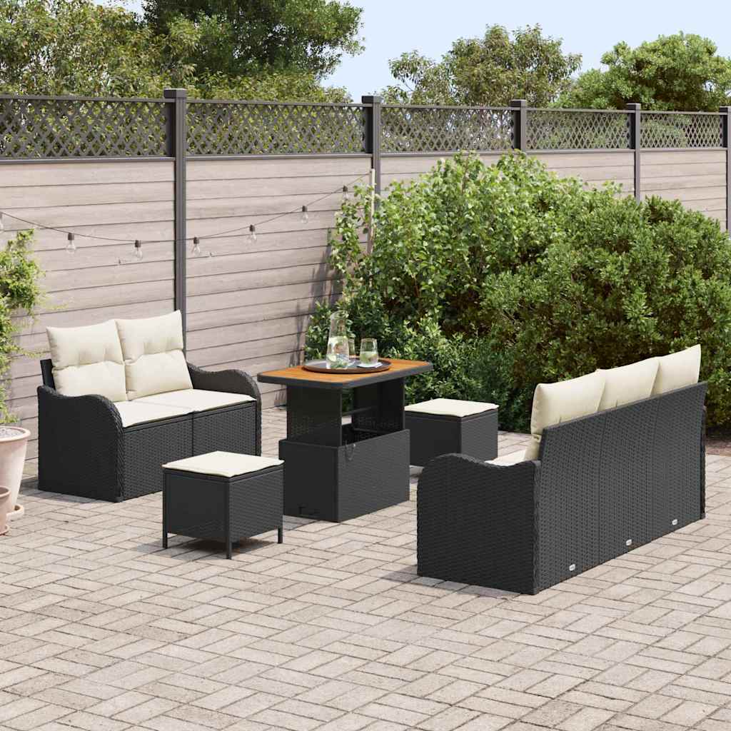 Set divano da giardino 8 pezzi con cuscini - Rattan polyrattan nero e acacia 3364160