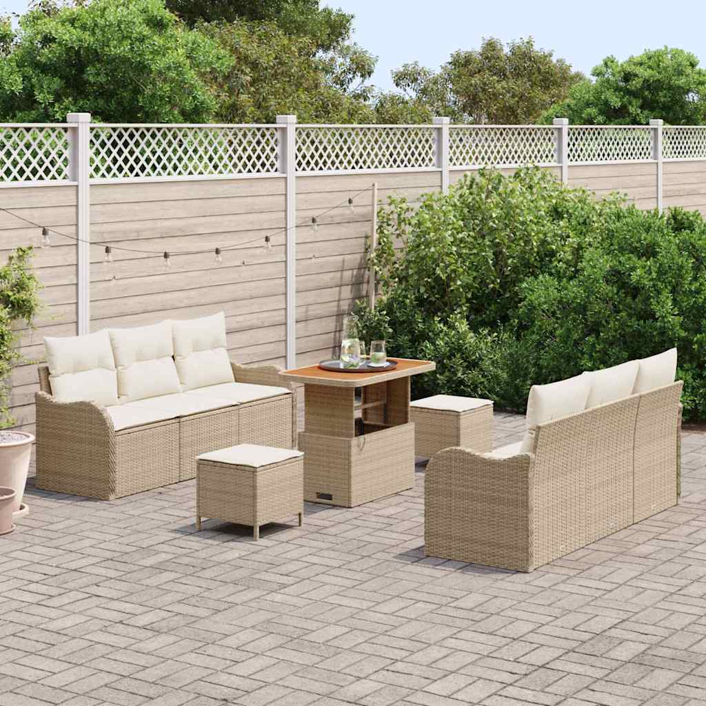 Set Divano da Giardino 9 Pezzi con Cuscini Beige in Polyrattan Acacia 3364171