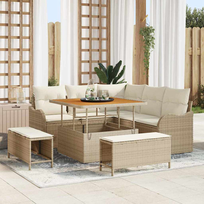 Set Divano da Giardino 8 Pezzi con Cuscini Beige Rattan Polimerico Acacia 3364206