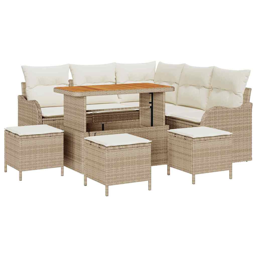 Set divano da giardino  9 pezzi con cuscini beige in polyrattan e acacia. 3364221